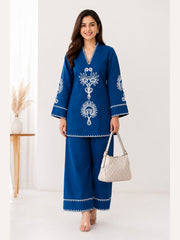 Women's Blue Cotton 2 Piece Co-Ord Set | Embroidered Kurta & Palazzo | Ishu Creation