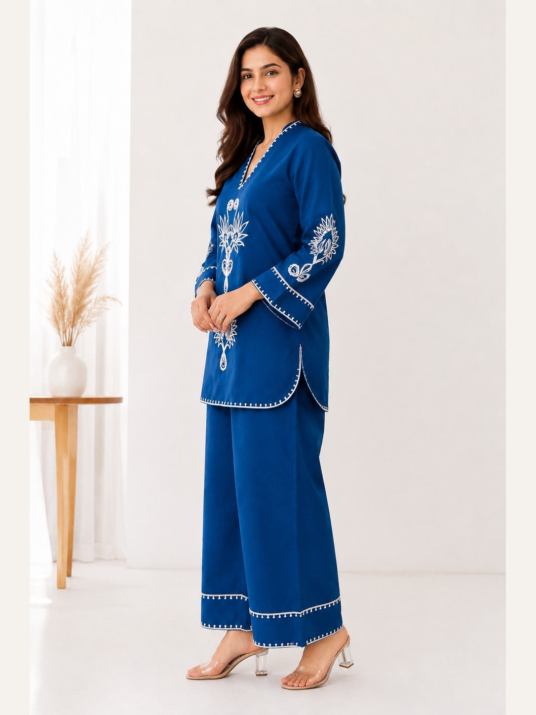 Women's Blue Cotton 2 Piece Co-Ord Set | Embroidered Kurta & Palazzo | Ishu Creation