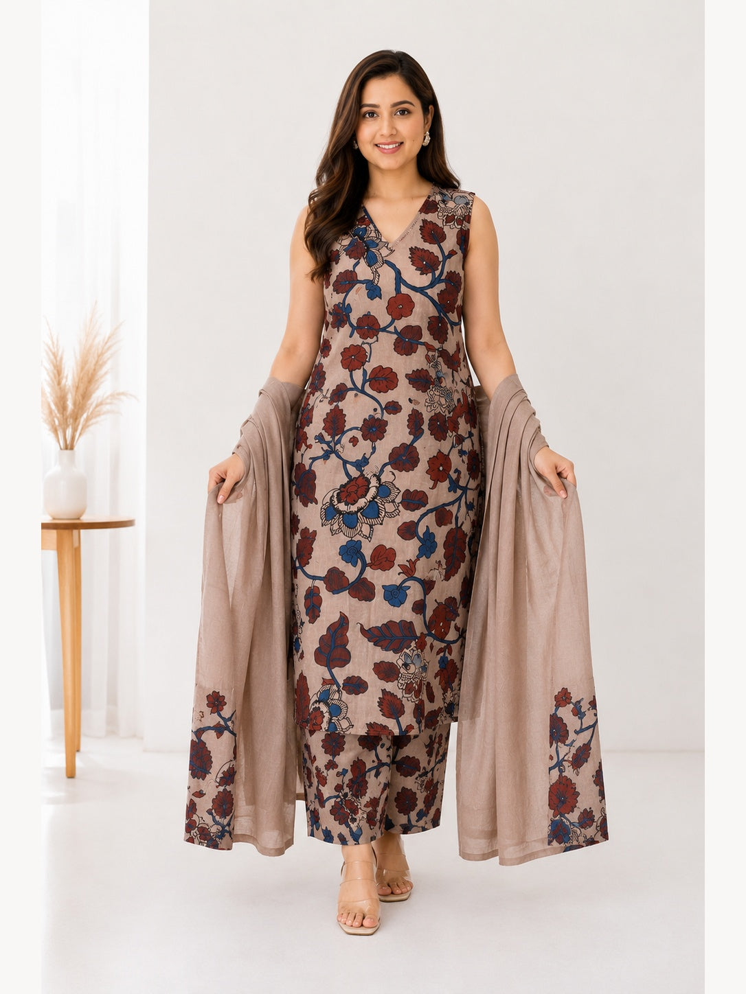 Women's Floral Print Cotton 3 Piece Kurta Set with Dupatta | Sleeveless | Ishu Creation