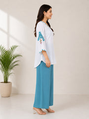 Women's Cotton Mul Floral Printed Co-Ord Set – White & Teal Blue | IshuCreation  |  Cotton Kurti