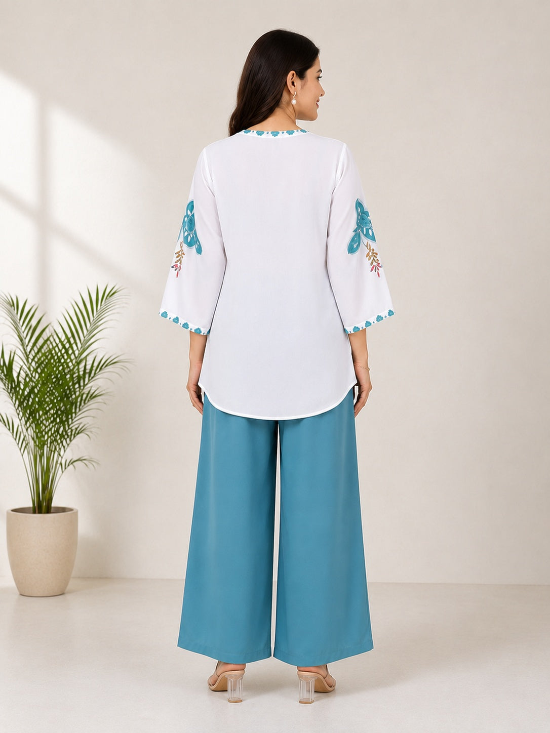 Women's Cotton Mul Floral Printed Co-Ord Set – White & Teal Blue | IshuCreation  |  Cotton Kurti