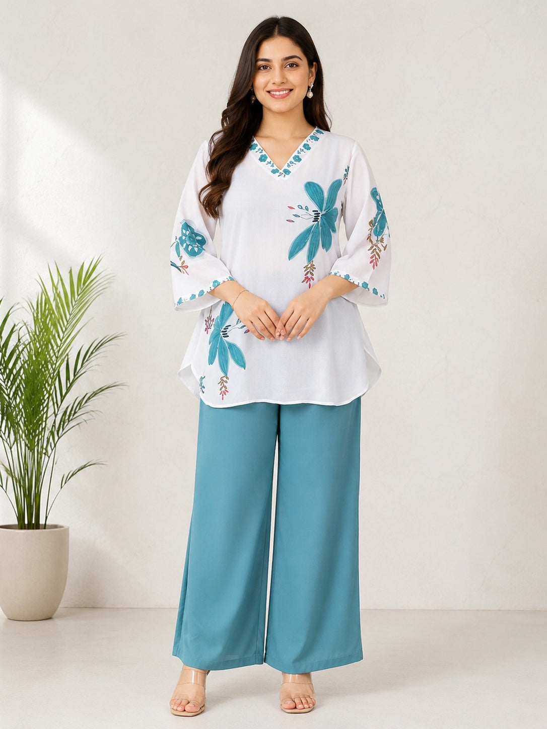 Women's Cotton Mul Floral Printed Co-Ord Set – White & Teal Blue | IshuCreation  |  Cotton Kurti