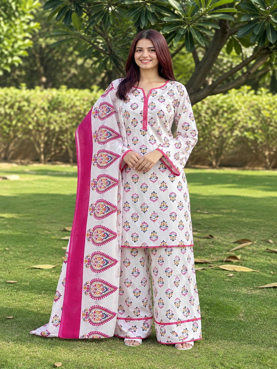 Women White Printed Kurta Palazzo Set with Pink Dupatta