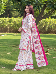 Women White Printed Kurta Palazzo Set with Pink Dupatta | 3 Piece Ethnic Wear  |  Ishu Creation