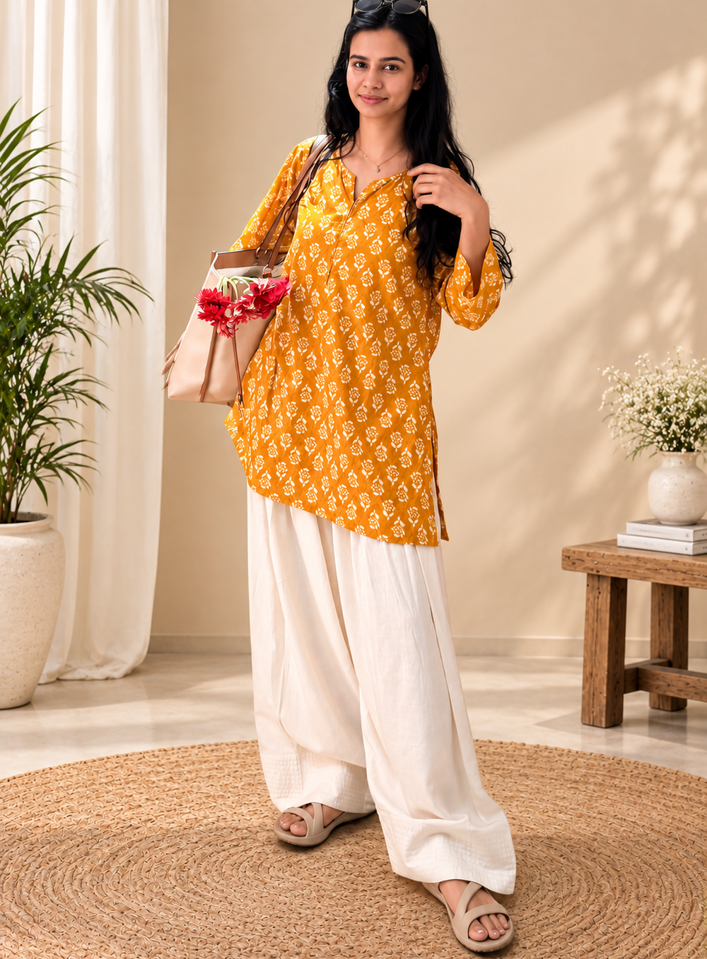 Mustard yellow printed kurti with white palazzo set for women