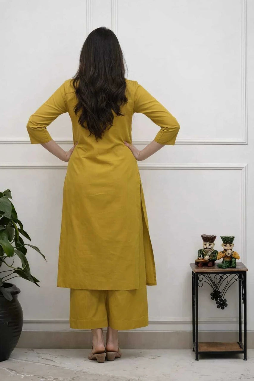 Women's Mustard Cotton 2 Piece Kurta Pant Set | Floral Embroidered | Sanganer Kurti Wala