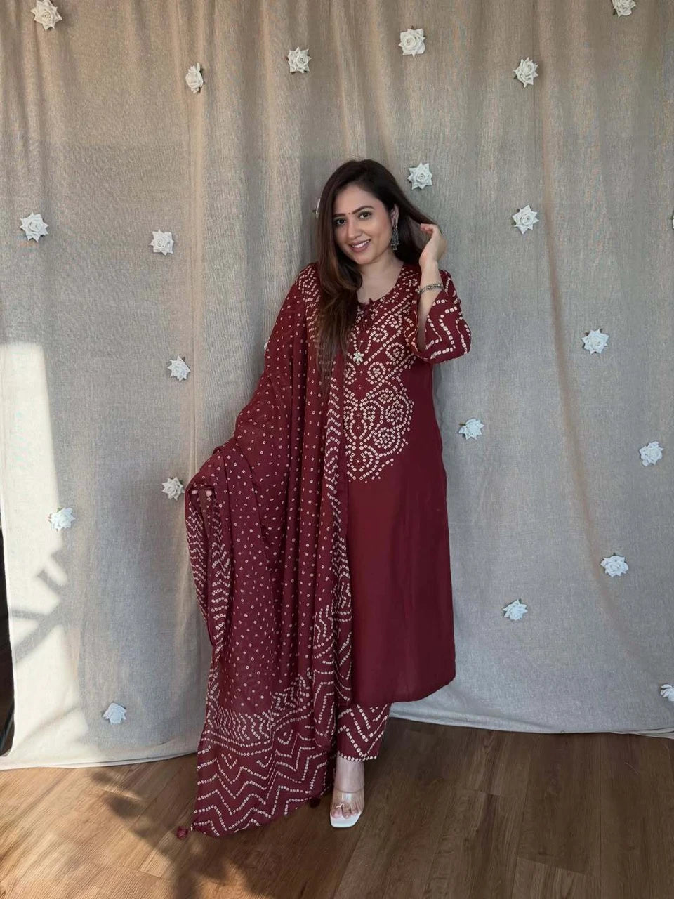 Women's Bandhej Cotton 3 Piece Kurta Set with Dupatta | Maroon & Blue | Sanganer Kurti Wala