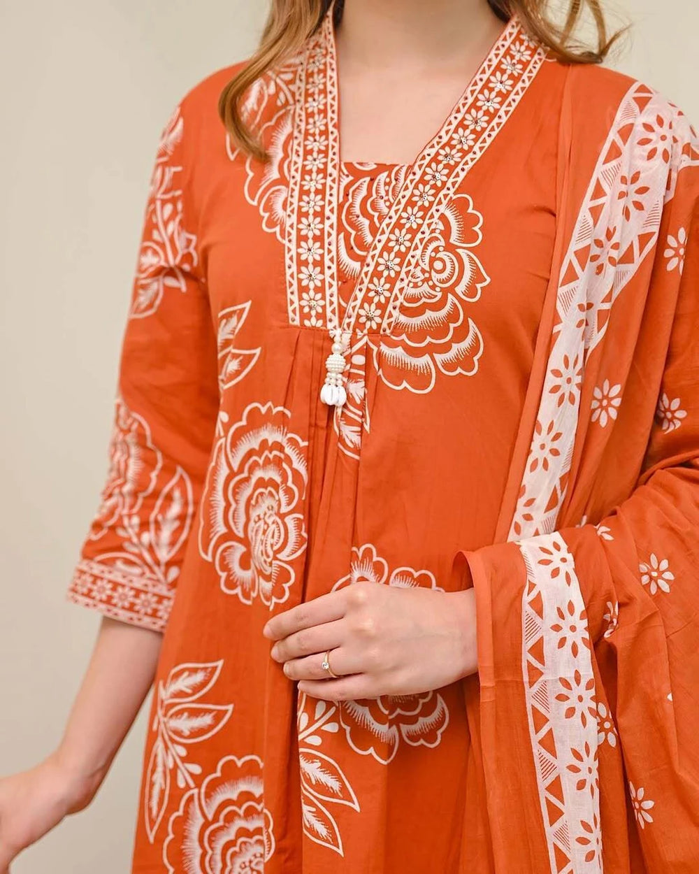 Women's Cotton Floral Printed 3 Piece Kurta Set with Dupatta – Rust Orange | SanganerKurtiWala