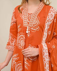 Women's Cotton Floral Printed 3 Piece Kurta Set with Dupatta – Rust Orange | SanganerKurtiWala