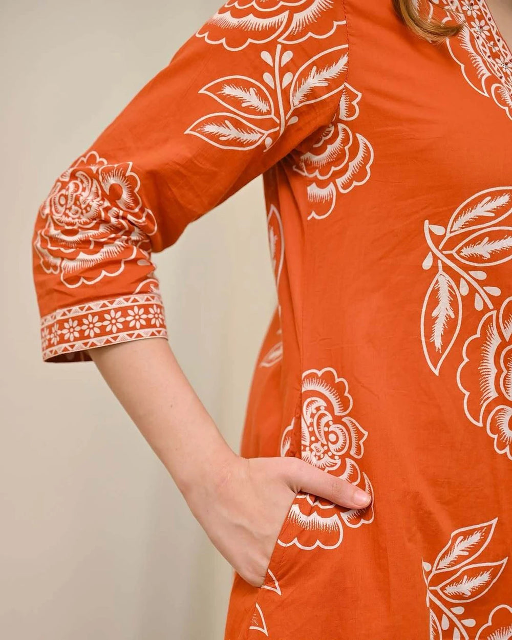 Women's Cotton Floral Printed 3 Piece Kurta Set with Dupatta – Rust Orange | SanganerKurtiWala