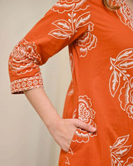 Women's Cotton Floral Printed 3 Piece Kurta Set with Dupatta – Rust Orange | SanganerKurtiWala