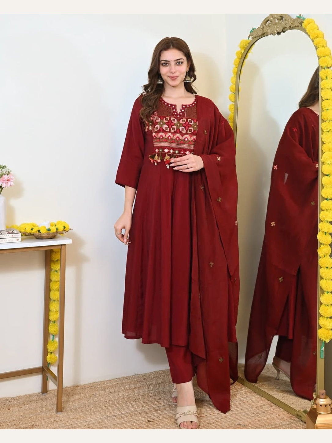Women's Maroon Cotton 3 Piece Anarkali Kurta Set with Dupatta | Embroidered | Ishu Creation