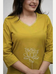 Women's Mustard Yellow Cotton 2 Piece Kurta Pant Set | Floral Embroidered | Ishu Creation