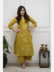 Women's Mustard Yellow Cotton 2 Piece Kurta Pant Set | Floral Embroidered | Ishu Creation