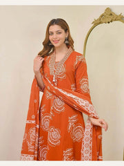 Women's Cotton Floral Printed 3 Piece Kurta Set with Dupatta – Rust Orange | IshuCreationKurti |  Cotton Kurti