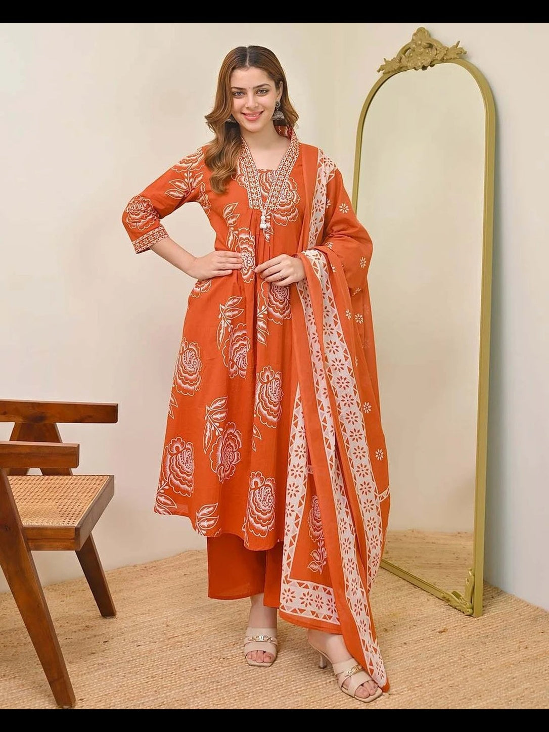 Women's Cotton Floral Printed 3 Piece Kurta Set with Dupatta – Rust Orange | IshuCreationKurti |  Cotton Kurti