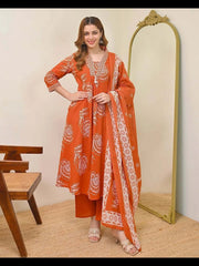 Women's Cotton Floral Printed 3 Piece Kurta Set with Dupatta – Rust Orange | IshuCreationKurti |  Cotton Kurti