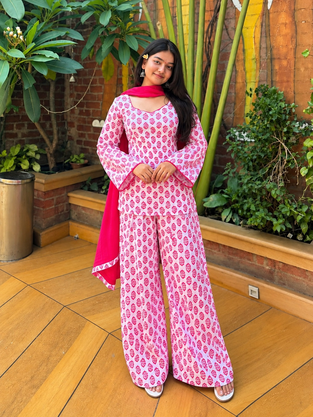 Women’s Pink & White Printed Farshi Kurta Set with Dupatta