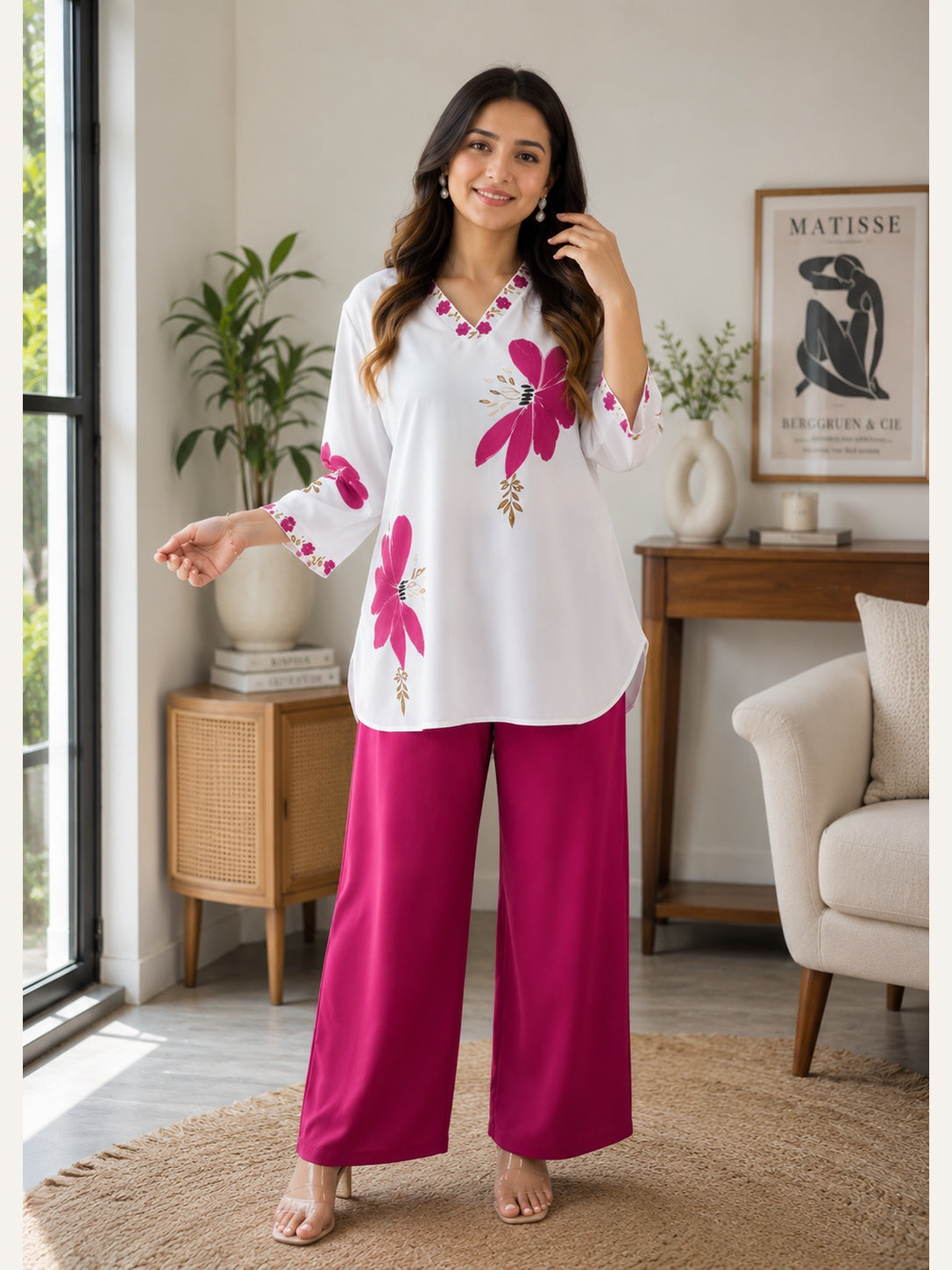 Women's Cotton Mul Floral Printed Co-Ord Set – White Top with Pink Palazzo | IshuCreation