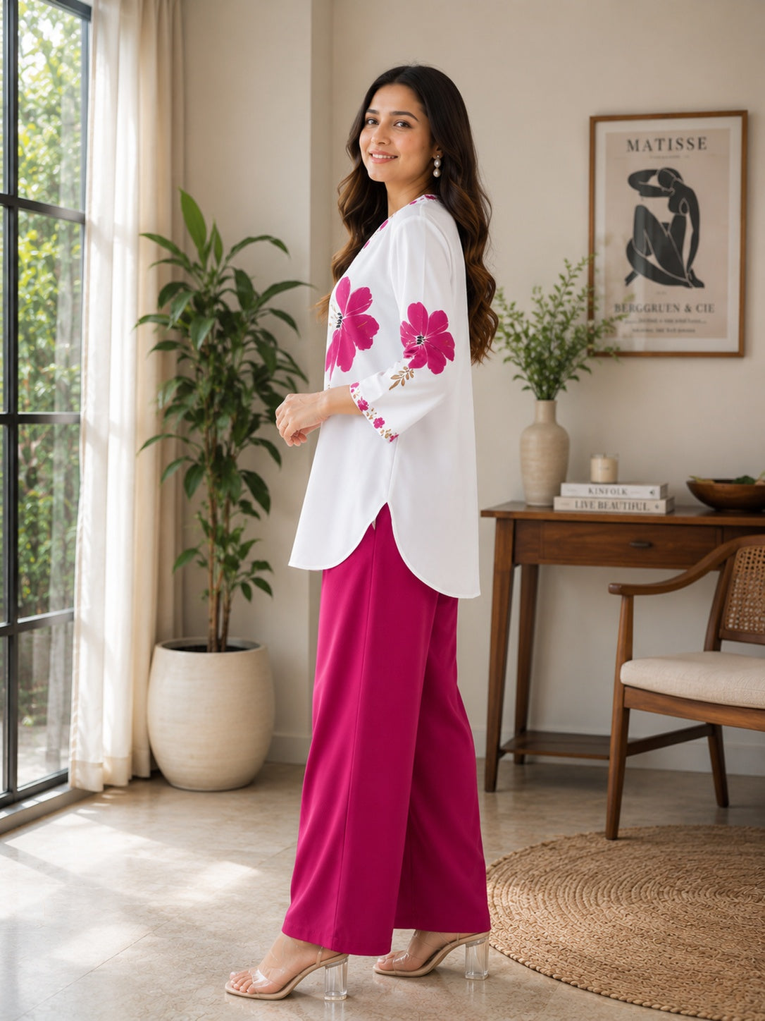 Women's Cotton Mul Floral Printed Co-Ord Set – White Top with Pink Palazzo | IshuCreation