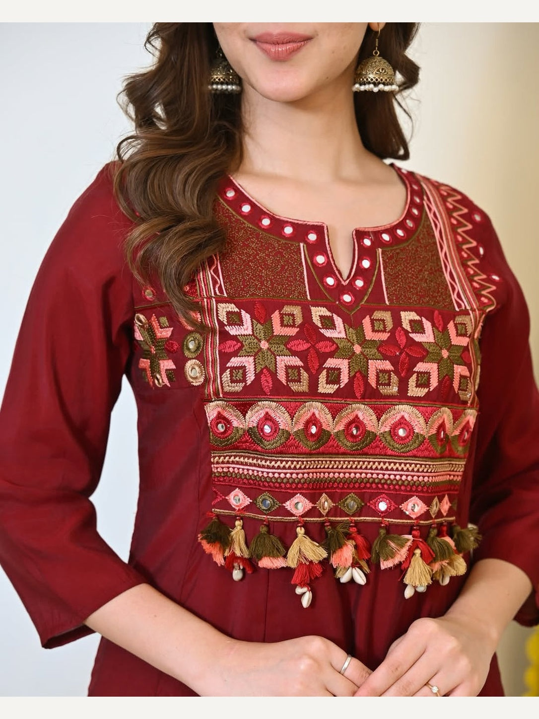 Women's Maroon Cotton 3 Piece Anarkali Kurta Set with Dupatta | Embroidered | Ishu Creation
