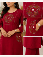 Women's Cotton Embroidered 2 Piece Kurta Set – Maroon | IshuCreationKurti | Cotton Kurti