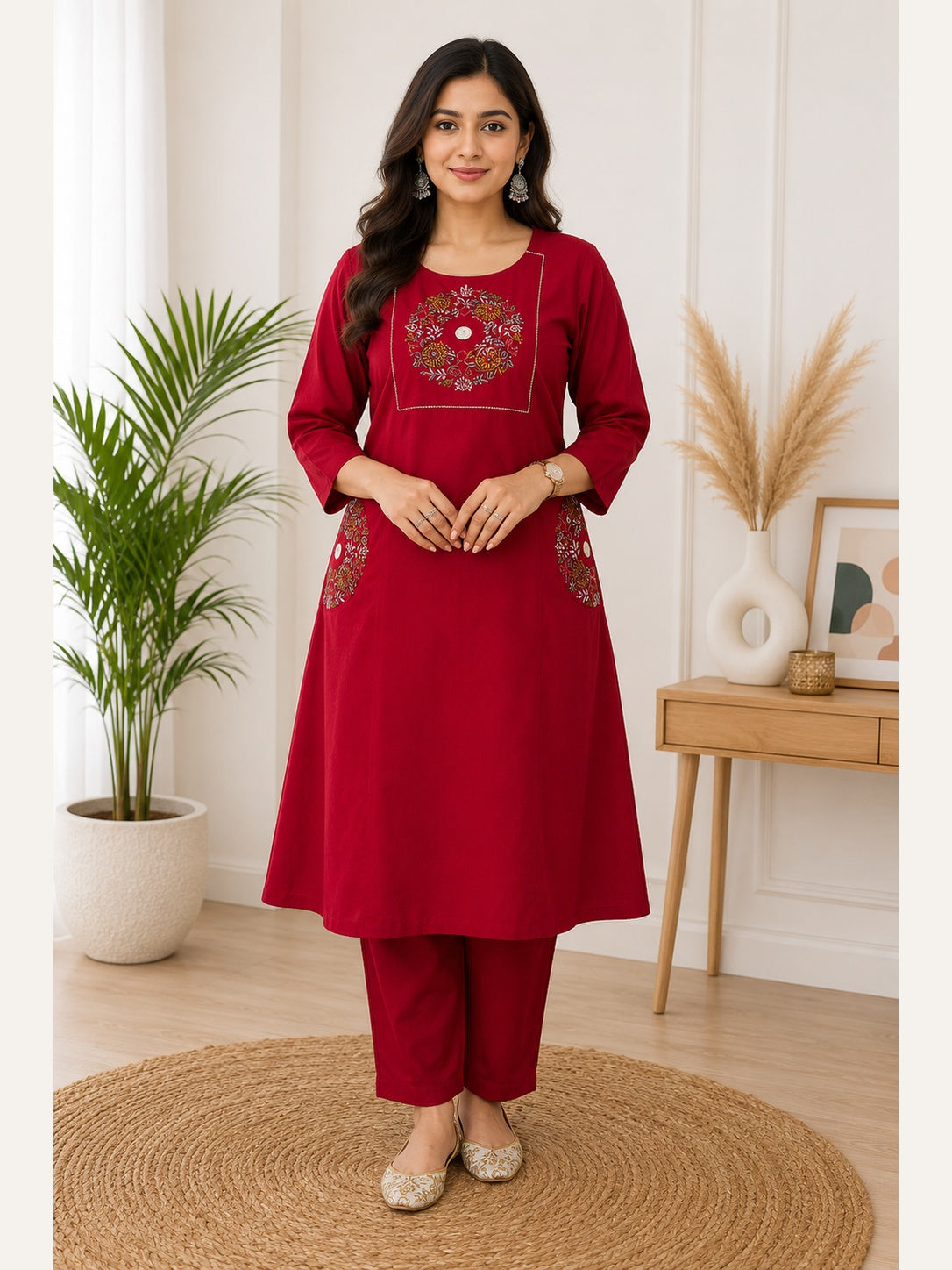 Women's Cotton Embroidered 2 Piece Kurta Set – Maroon | IshuCreationKurti | Cotton Kurti