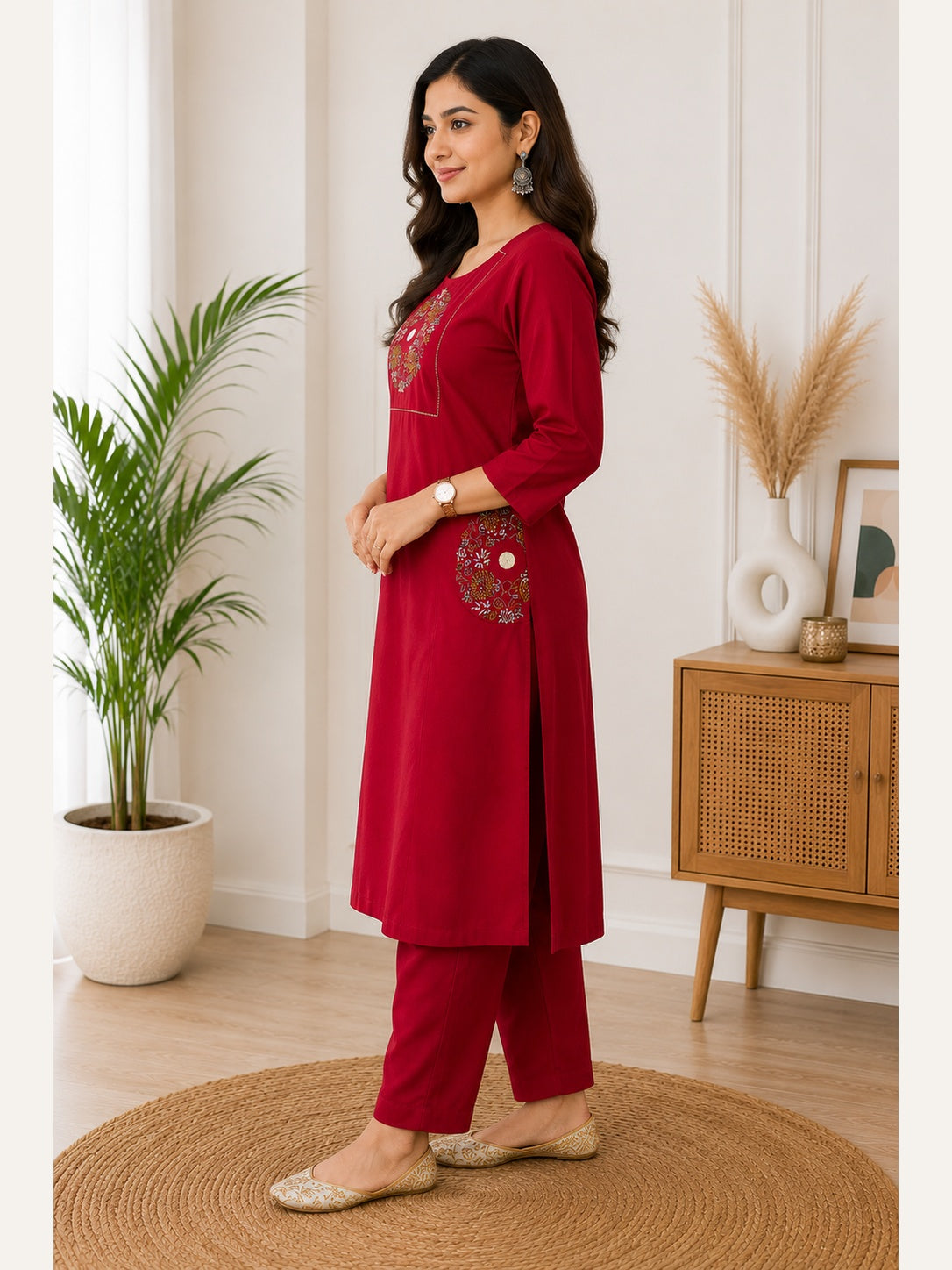 Women's Cotton Embroidered 2 Piece Kurta Set – Maroon | IshuCreationKurti | Cotton Kurti