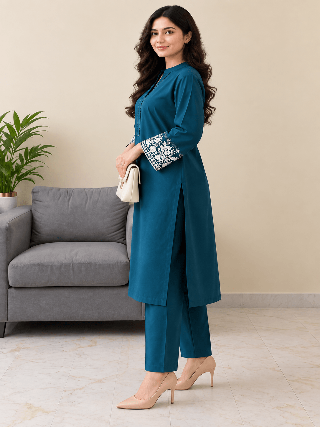 Women Teal Blue Solid Kurta Pant Set with Printed Sleeves | Stylish Ethnic Wear