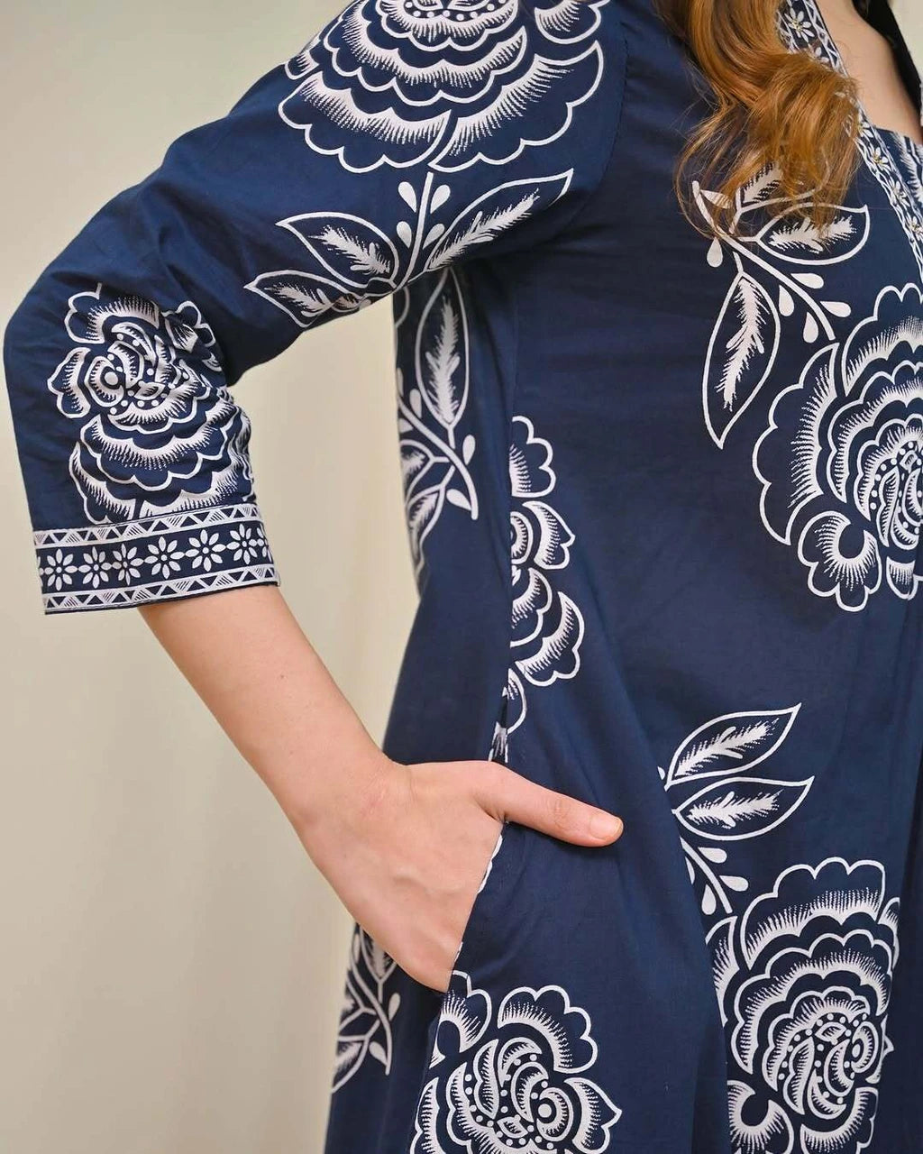 Women's Cotton Floral Printed 3 Piece Kurta Set with Dupatta – Navy Blue | SanganerKurtiWala
