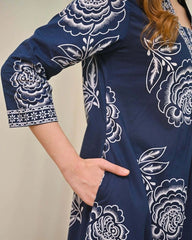 Women's Cotton Floral Printed 3 Piece Kurta Set with Dupatta – Navy Blue | SanganerKurtiWala