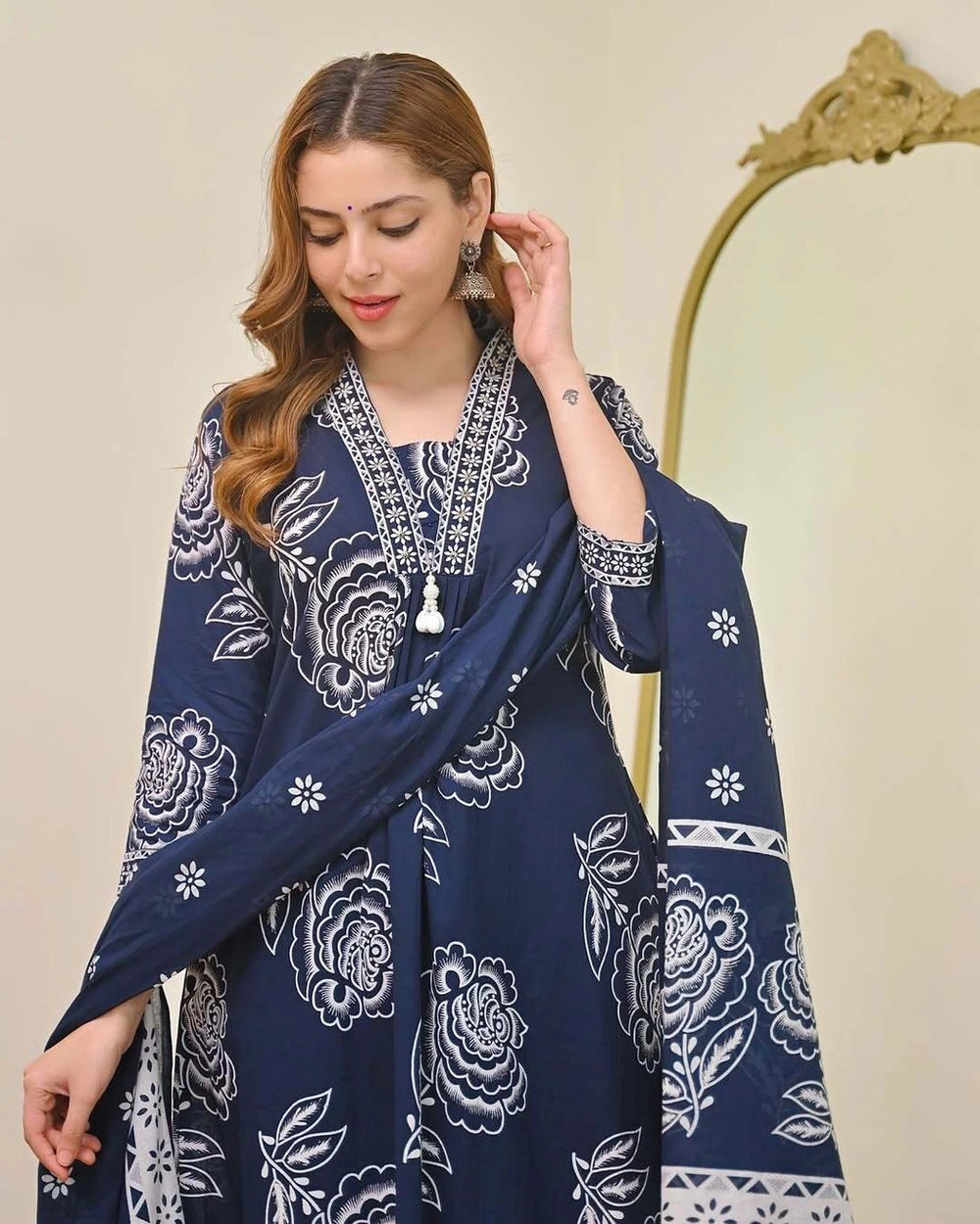 Women's Cotton Floral Printed 3 Piece Kurta Set with Dupatta – Navy Blue | SanganerKurtiWala