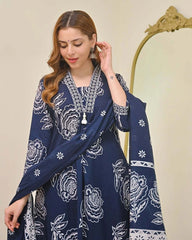 Women's Cotton Floral Printed 3 Piece Kurta Set with Dupatta – Navy Blue | SanganerKurtiWala